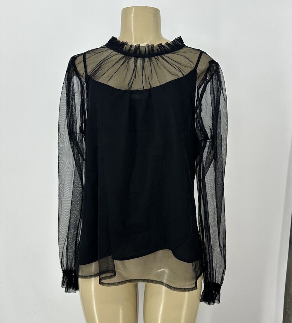 J. Crew Large Women Tulle Ruffle Neck Top Black Blouse Sheer CP904 Long Sl B16v